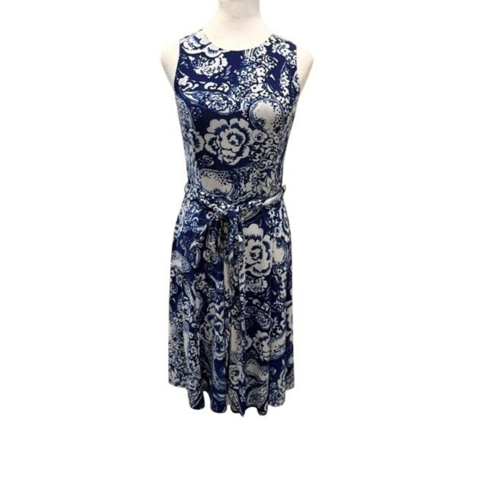 Lauren Ralph Lauren Blue White Paisley Floral Sleeveless Fit Flare Dress EUC 8P